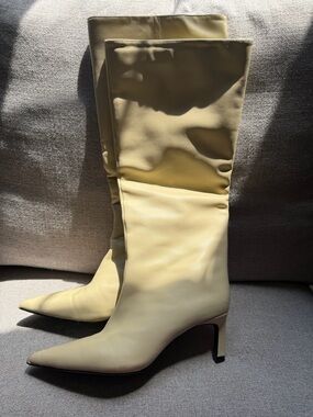 Zara Pale Yellow Knee-High Pointed-Toe Stiletto Boots